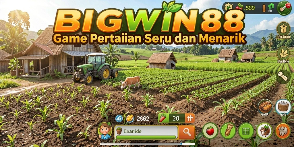 Tampilan gameplay BIGWIN88 yang menampilkan ladang pertanian yang subur.