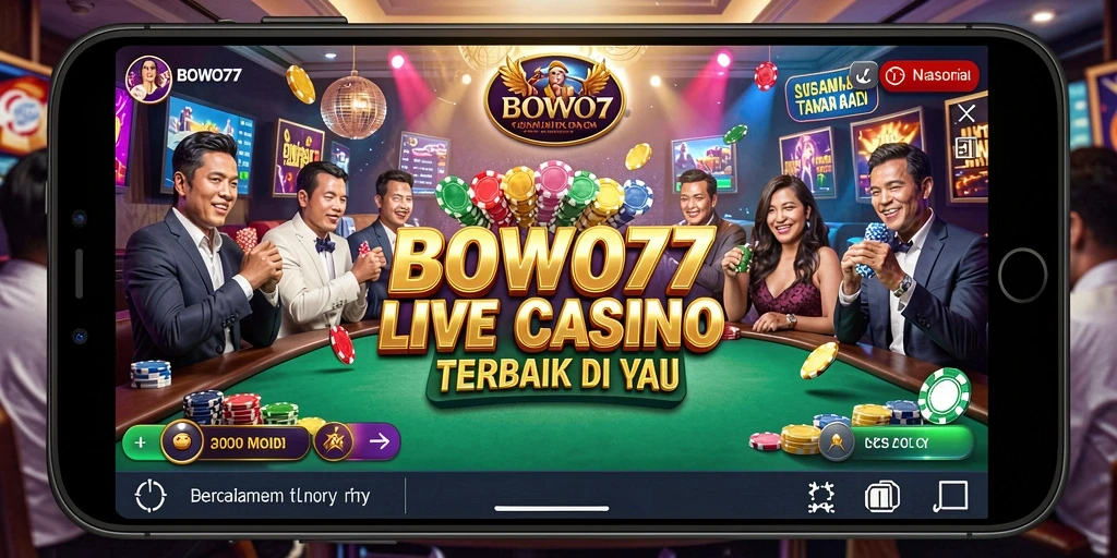 Screenshot gameplay BOWO77 yang menampilkan dealer langsung dan suasana permainan.