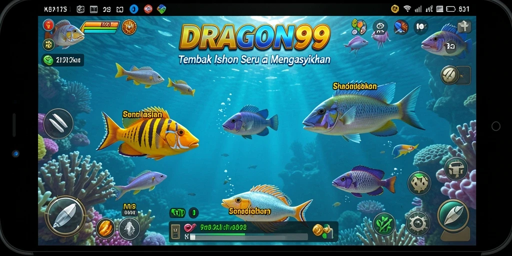 Screenshot menampilkan gameplay seru dari DRAGON99 dengan ikan berwarna-warni.