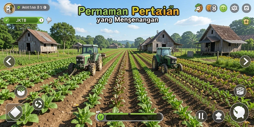 Tampilan gameplay JKT8 yang memukau dengan aktivitas pertanian.