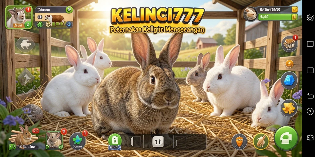 Tampilan gameplay KELINCI777 dengan kelinci imut dan peternakan yang indah.