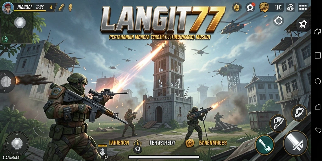 Screenshot gameplay LANGIT77 dengan menara dan musuh terlihat jelas.