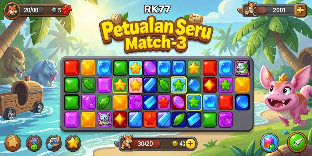 Screenshot RK77 menampilkan gameplay seru dan menarik dalam Match-3.