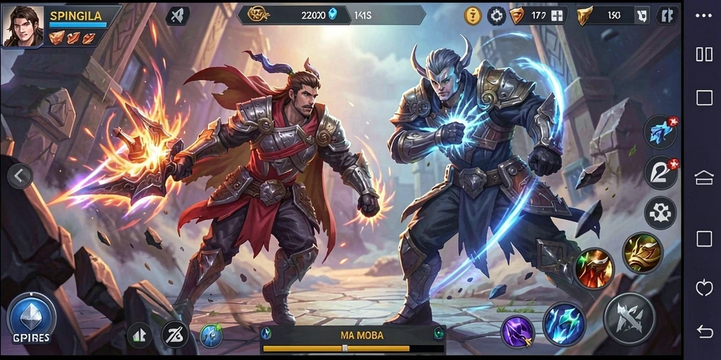 Screenshot utama SPINGILA menampilkan karakter bertarung dalam laga MOBA yang seru.