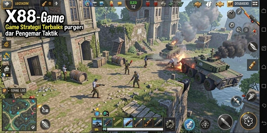 Screenshot gameplay X88 menampilkan strategi pertempuran yang intens.